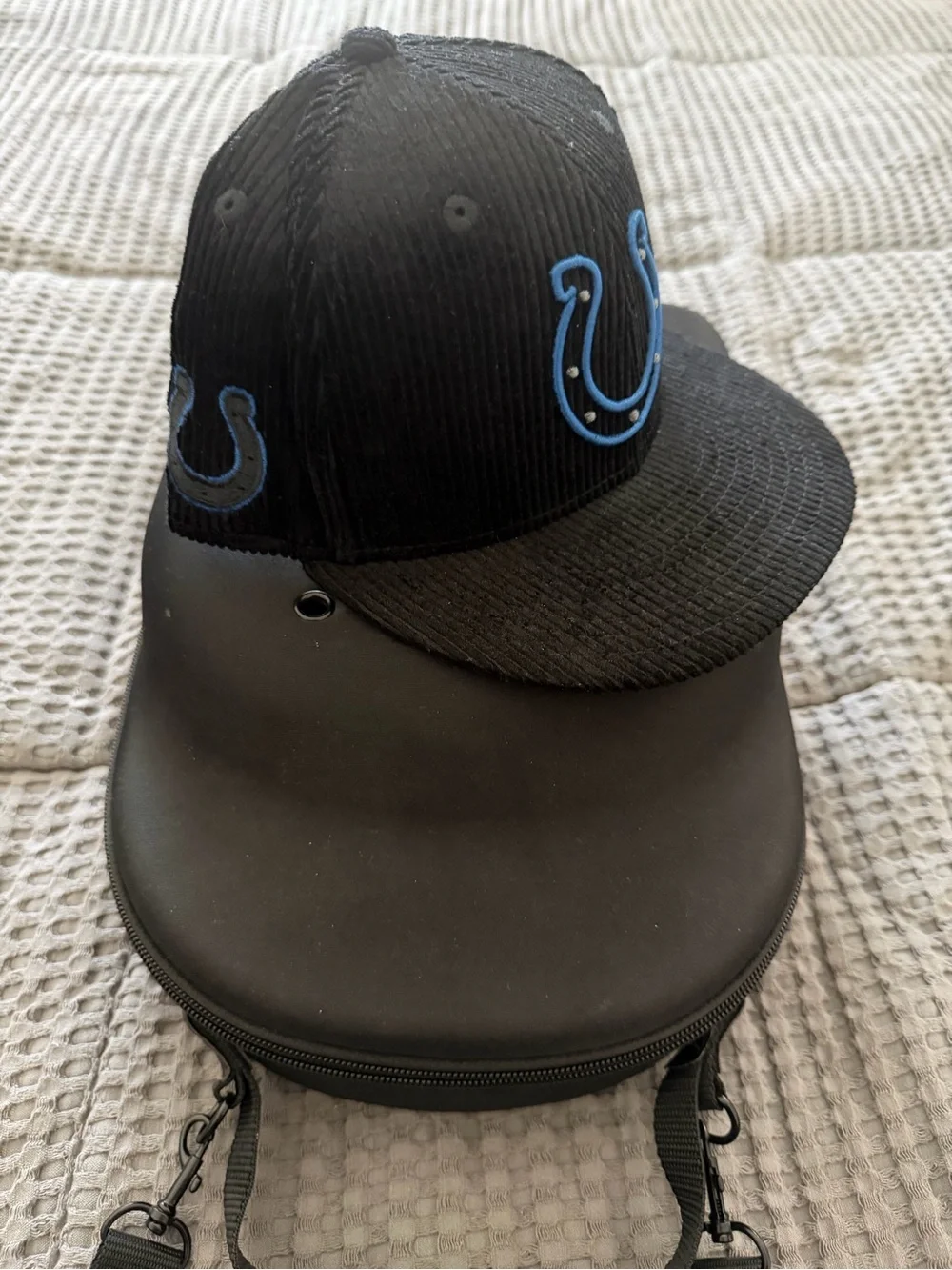 New Era Black Corduroy Cap with Light Blue Horseshoe